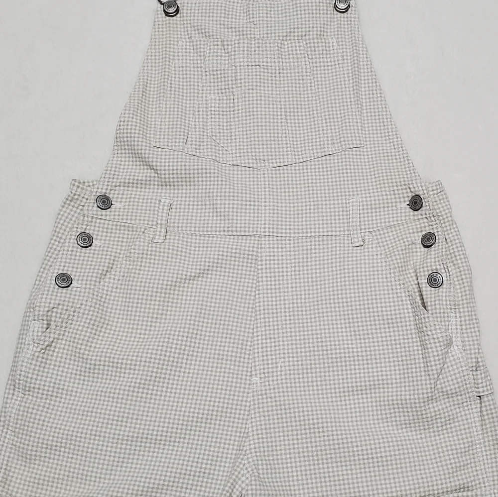 VINTAGE No Boundaries Seafaom Green Checked Side Button Shorts Overalls Romper